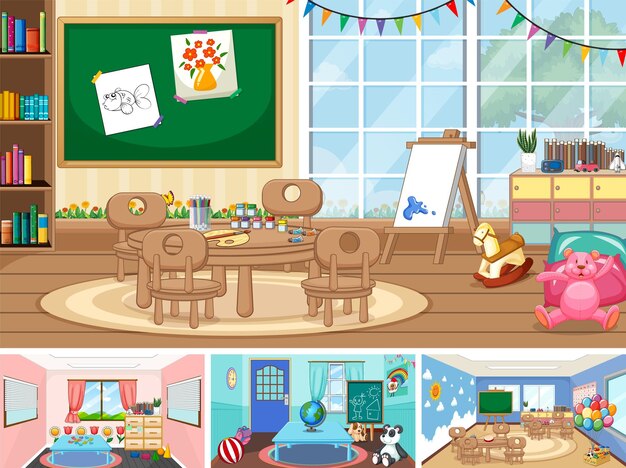 Conjunto de diferentes escenas de aula de jardín de infantes.