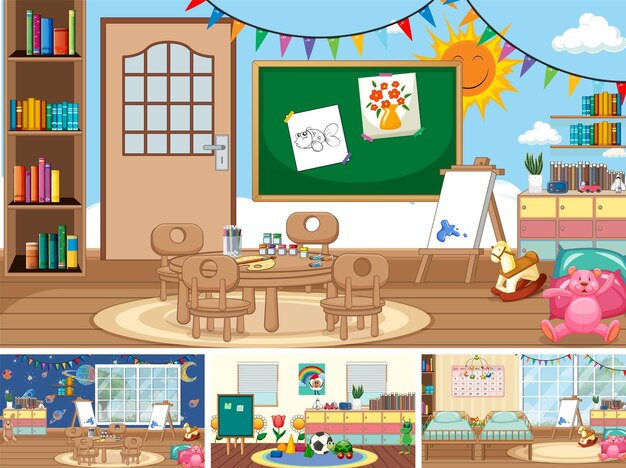Conjunto de diferentes escenas de aula de jardín de infantes.