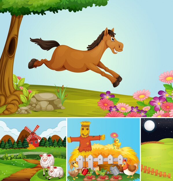 Conjunto de diferentes escenas de granja con estilo de dibujos animados de granja de animales