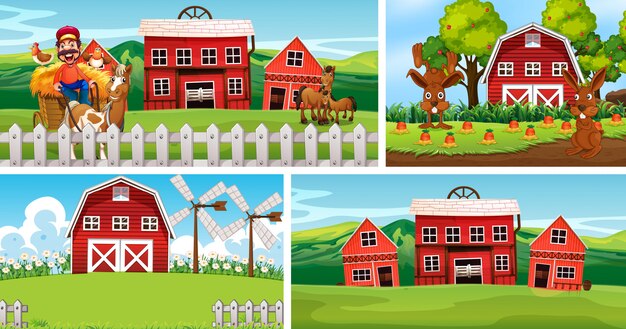 Conjunto de diferentes escenas de granja con estilo de dibujos animados de granja de animales