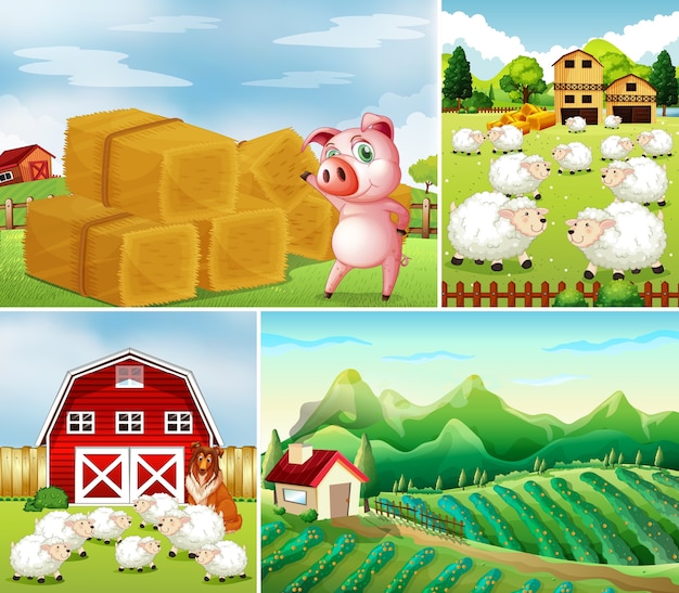 Vector gratuito conjunto de diferentes escenas de granja con estilo de dibujos animados de granja de animales