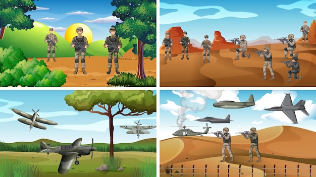 Vector gratuito conjunto de diferentes escenas de guerra del ejército.