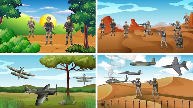 Conjunto de diferentes escenas de guerra del ejército.