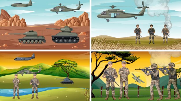 Conjunto de diferentes escenas de guerra del ejército.