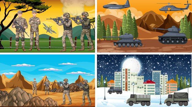 Conjunto de diferentes escenas de guerra del ejército.