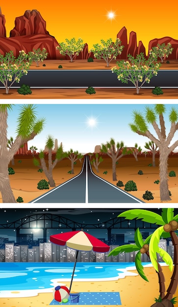 Vector gratuito conjunto de diferentes escenas horizontales de bosque en diferentes momentos.