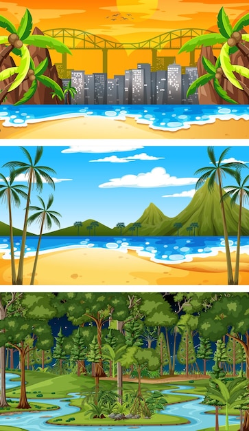 Vector gratuito conjunto de diferentes escenas horizontales de bosque en diferentes momentos.