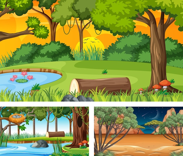 Vector gratuito conjunto de diferentes escenas horizontales de bosque.