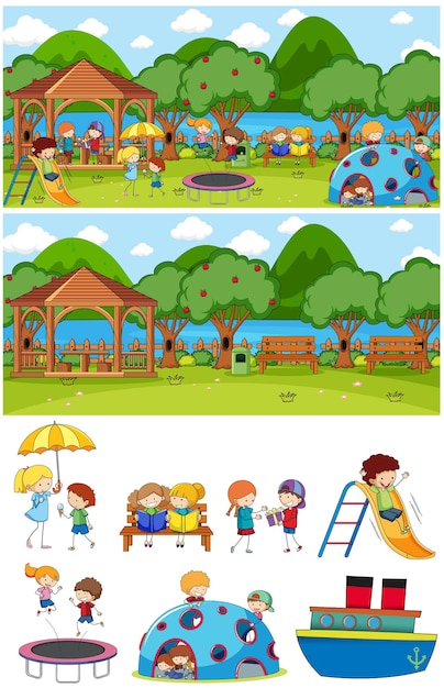 Vector gratuito conjunto de diferentes escenas horizontales con personaje de dibujos animados de niños doodle