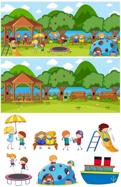 Conjunto de diferentes escenas horizontales con personaje de dibujos animados de niños doodle