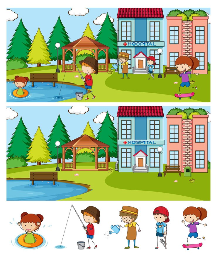 Vector gratuito conjunto de diferentes escenas horizontales con personaje de dibujos animados de niños doodle