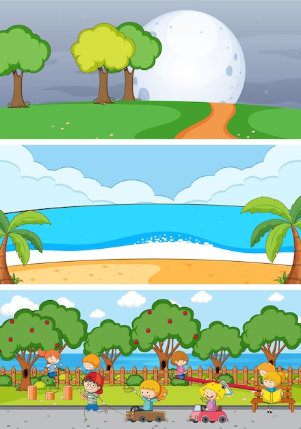 Conjunto de diferentes escenas horizontales con personaje de dibujos animados de niños doodle
