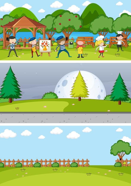 Conjunto de diferentes escenas horizontales con personaje de dibujos animados de niños doodle