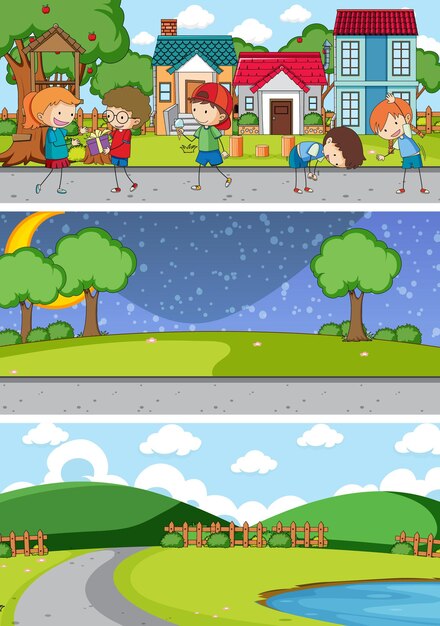 Conjunto de diferentes escenas de horizonte con personaje de dibujos animados de niños doodle