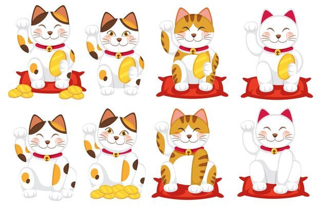 Conjunto de diferentes gatos de la suerte japoneses maneki neko