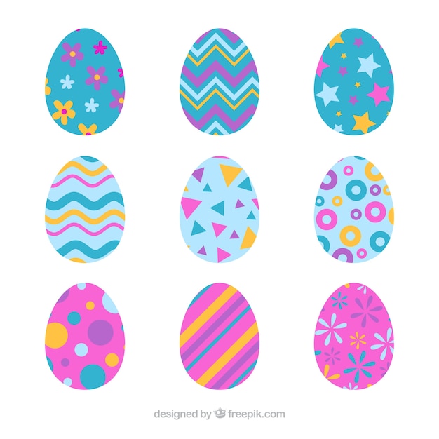 Conjunto de diferentes huevos de pascua en estilo flat