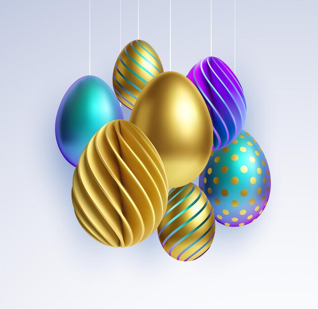 Conjunto de diferentes huevos de Pascua realistas, brillantes, dorados, holográficos en 3D aislados sobre fondo blanco. Ilustración de vector EPS10