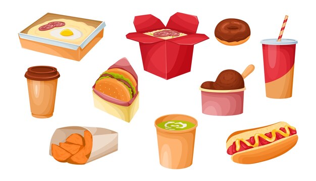 Conjunto de diferentes ilustraciones de vectores de comida para llevar