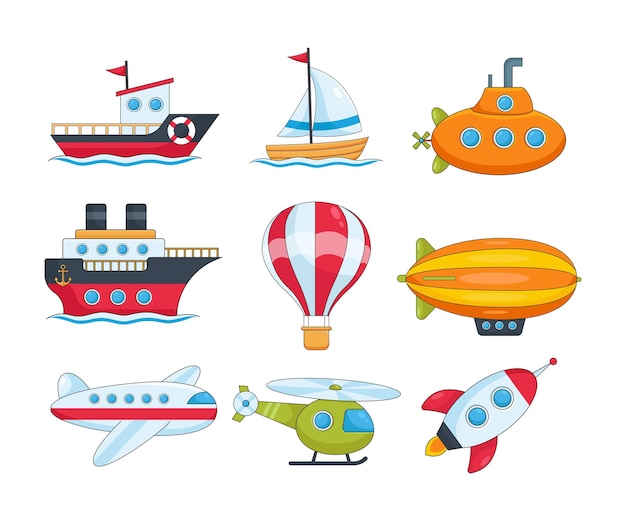 Conjunto de diferentes ilustraciones vectoriales de transporte de agua y aire. Colección de dibujos animados de barco, avión volador, helicóptero, nave espacial, aeronave aislada en fondo blanco. concepto de transporte