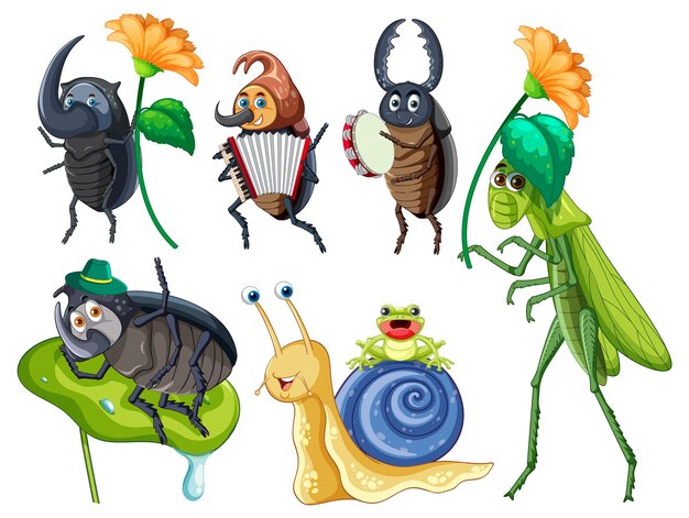Conjunto de diferentes insectos y escarabajos en estilo de dibujos animados