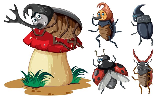 Conjunto de diferentes insectos y escarabajos en estilo de dibujos animados