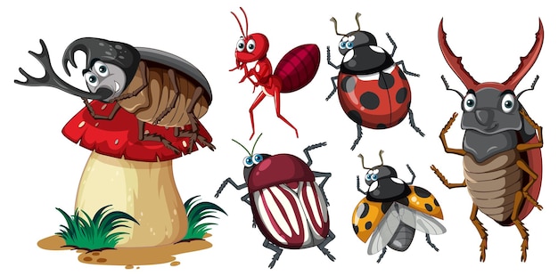Vector gratuito conjunto de diferentes insectos y escarabajos en estilo de dibujos animados