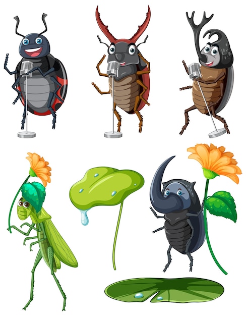 Conjunto de diferentes insectos y escarabajos en estilo de dibujos animados