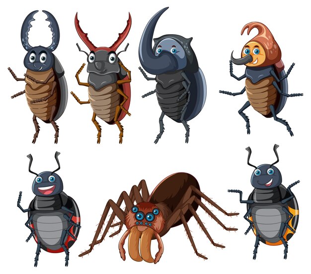 Conjunto de diferentes insectos y escarabajos en estilo de dibujos animados