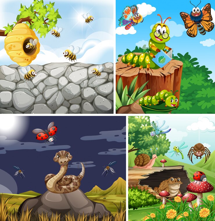 Vector gratuito conjunto de diferentes insectos que viven en el fondo del jardín.