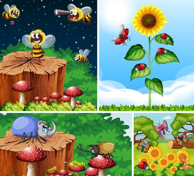 Conjunto de diferentes insectos que viven en la ilustración del jardín.