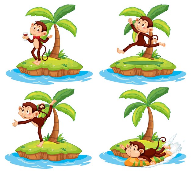 Conjunto de diferentes islas aisladas con personajes de dibujos animados de monos