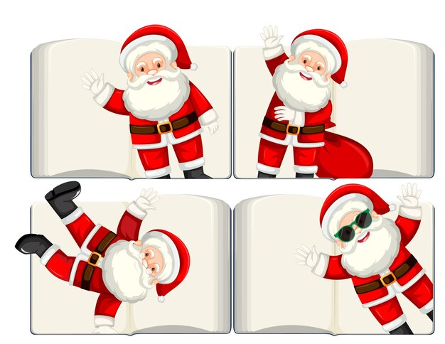 Conjunto de diferentes libros en blanco abiertos con Santa Claus