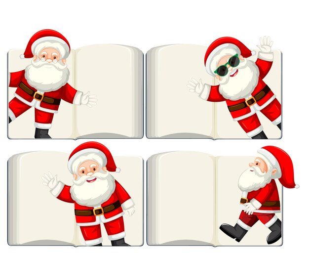 Conjunto de diferentes libros en blanco abiertos con Santa Claus