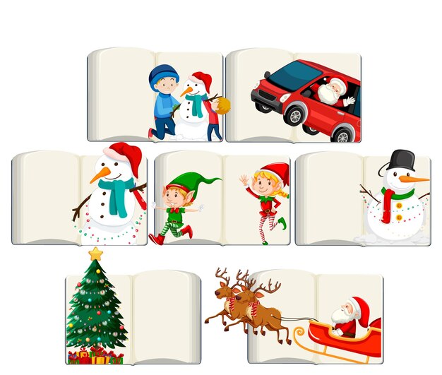 Conjunto de diferentes libros en blanco abiertos con Santa Claus