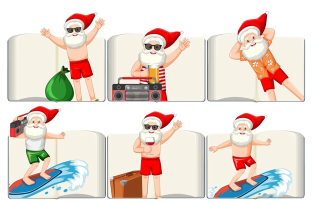 Conjunto de diferentes libros en blanco abiertos con Santa Claus