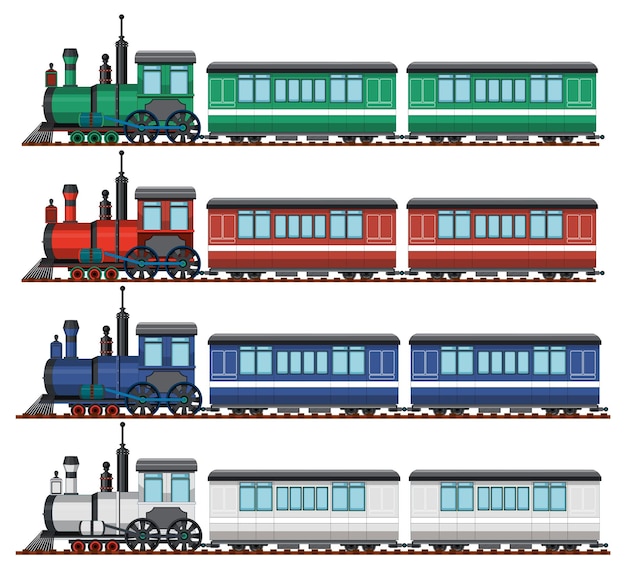 Conjunto de diferentes locomotoras de vapor.
