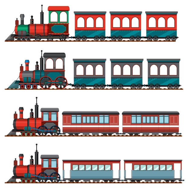 Conjunto de diferentes locomotoras de vapor.