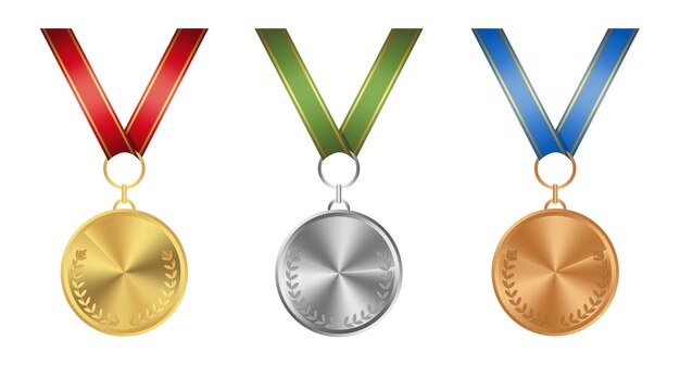 Conjunto de diferentes medallas sobre fondo blanco oro plata y bronce