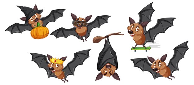 Conjunto de diferentes murciélagos lindos en estilo de dibujos animados