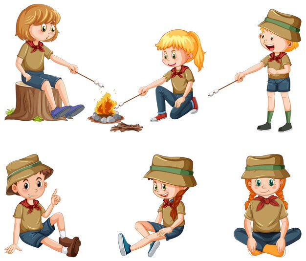 Conjunto de diferentes niños de camping.