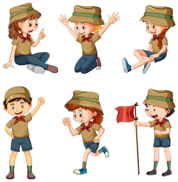 Conjunto de diferentes niños de camping.
