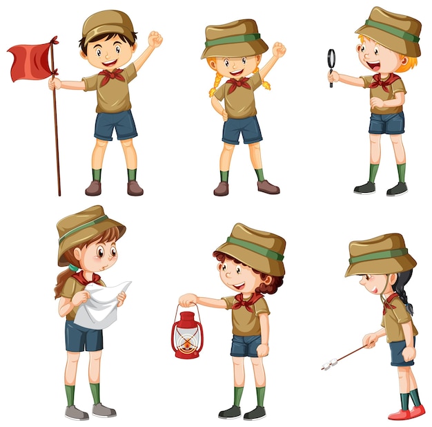 Vector gratuito conjunto de diferentes niños de camping.