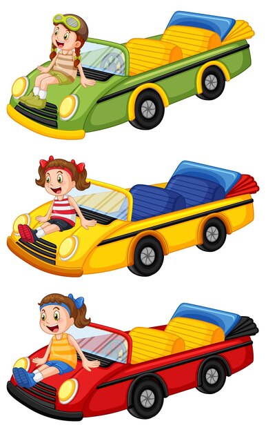 Conjunto de diferentes niños con coches descapotables.