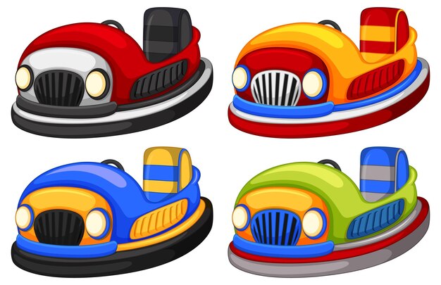 Conjunto de diferentes niños conduciendo autos de choque en estilo de dibujos animados