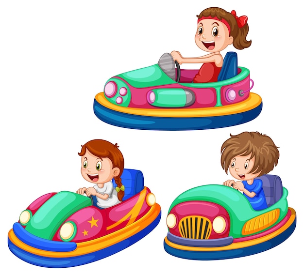 Conjunto de diferentes niños conduciendo autos de choque en estilo de dibujos animados