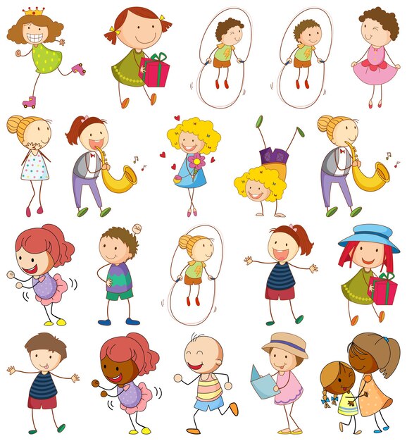 Conjunto de diferentes niños en estilo doodle