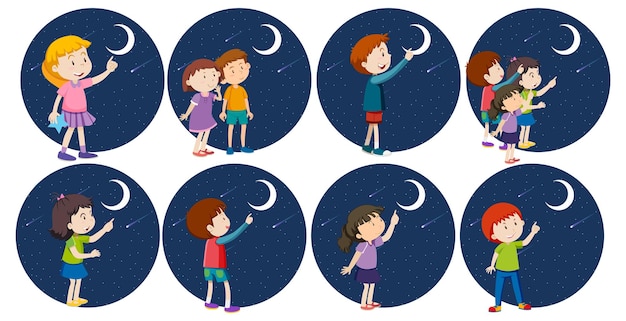 Vector gratuito conjunto de diferentes niños mirando la luna.