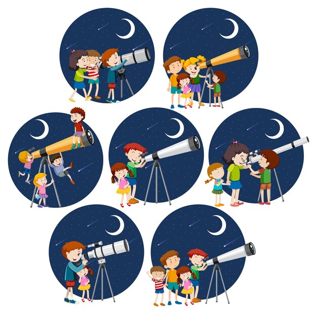 Conjunto de diferentes niños mirando a través del telescopio por la noche