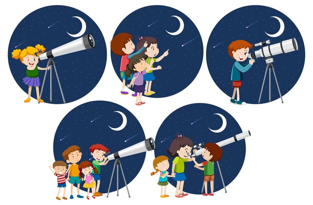 Conjunto de diferentes niños mirando a través del telescopio por la noche
