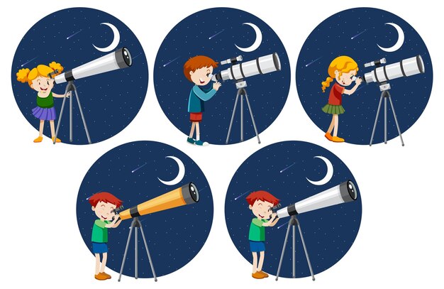 Conjunto de diferentes niños mirando a través del telescopio por la noche